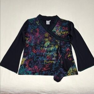 Parsley & Sage Black Wrap Tunic with Multicolor Graffiti Print